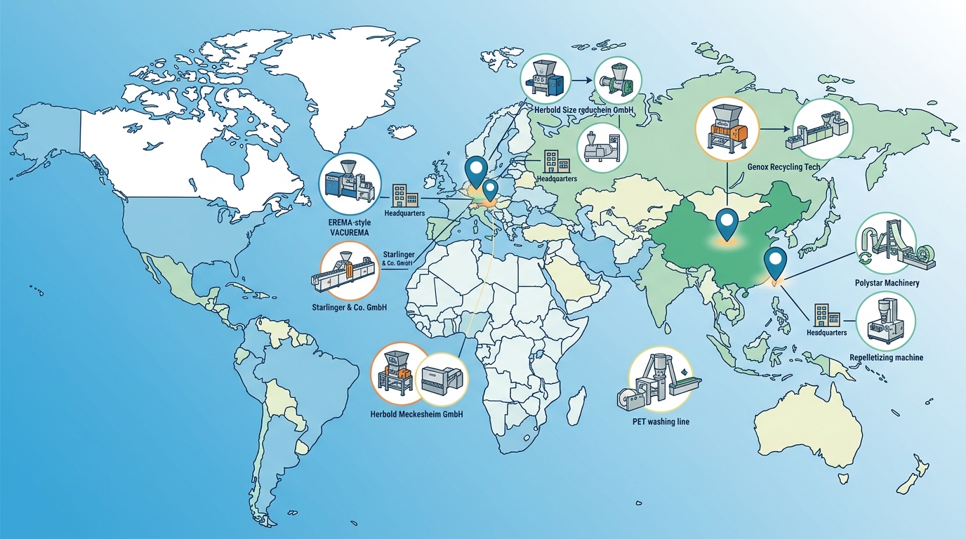 Global map showing top plastic recycling machine manufacturer headquarters in Europe and Asia