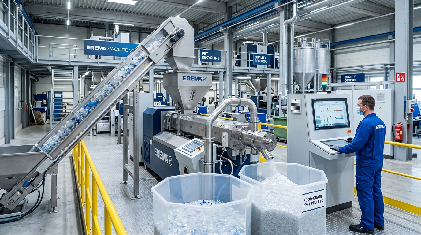 European plastic recycling machine manufacturer facility with automated extrusion line producing food-grade rPET pellets