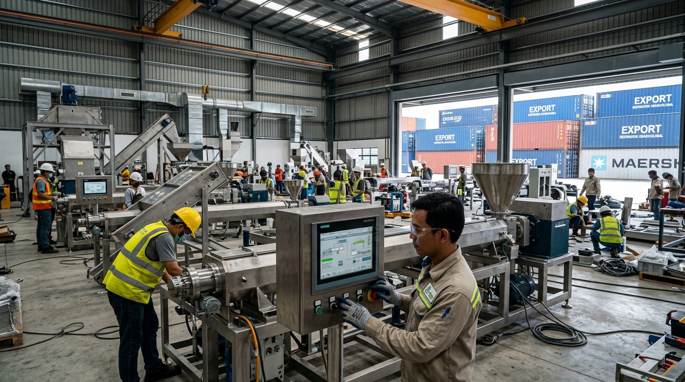 Asian plastic recycling machine manufacturer assembly facility with pelletizing lines prepared for export