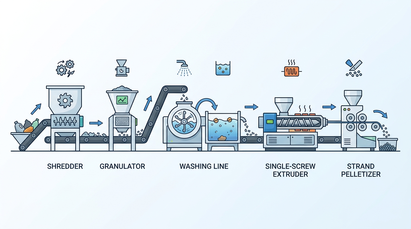 types of plastic recycling machines in a complete recycling line from shredder to pelletizer