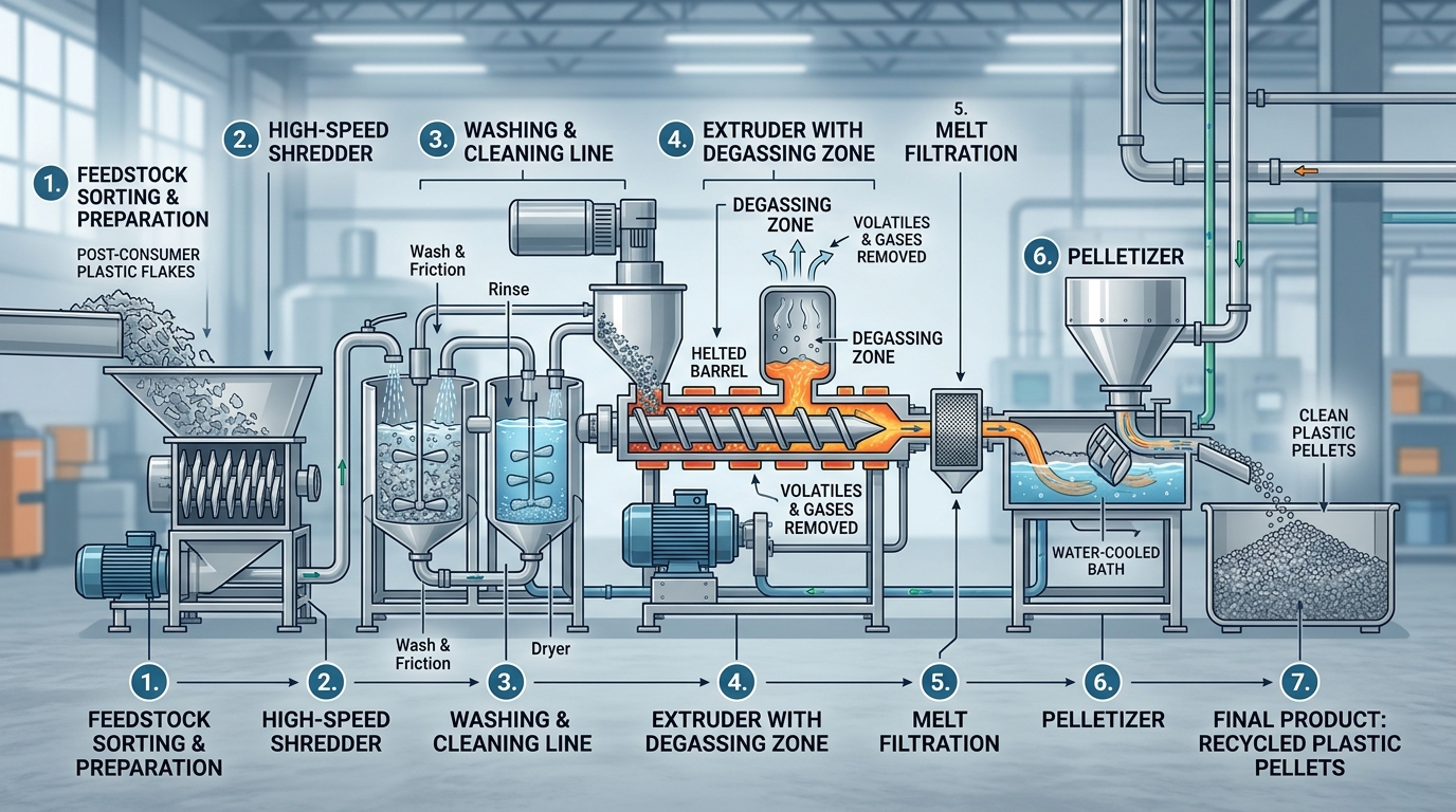 plastic recycling machine process flow from shredding to pelletizing