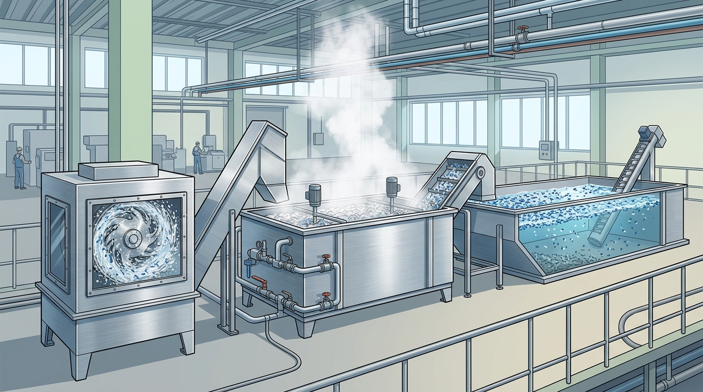 Plastic recycling machine washing and separation system with friction washer, hot wash tank, and float-sink tank