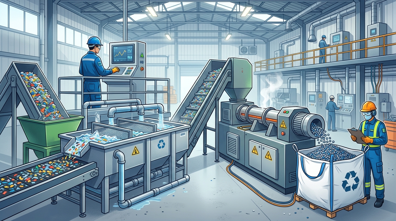 Plastic recycling machine processing line in an industrial facility producing recycled pellets