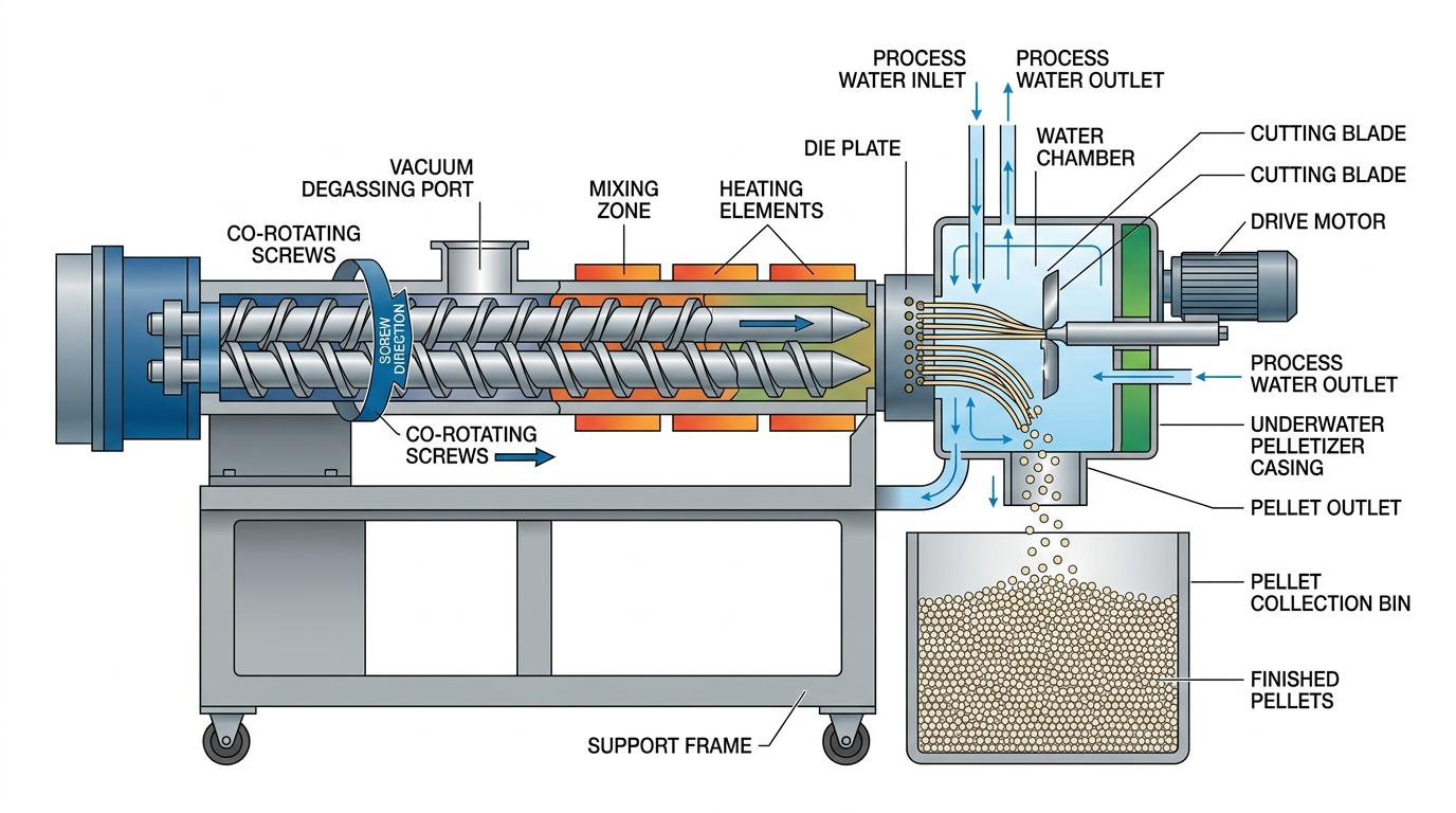 Twin-screw plastic recycling machine extruder with die-face pelletizer system for resin production