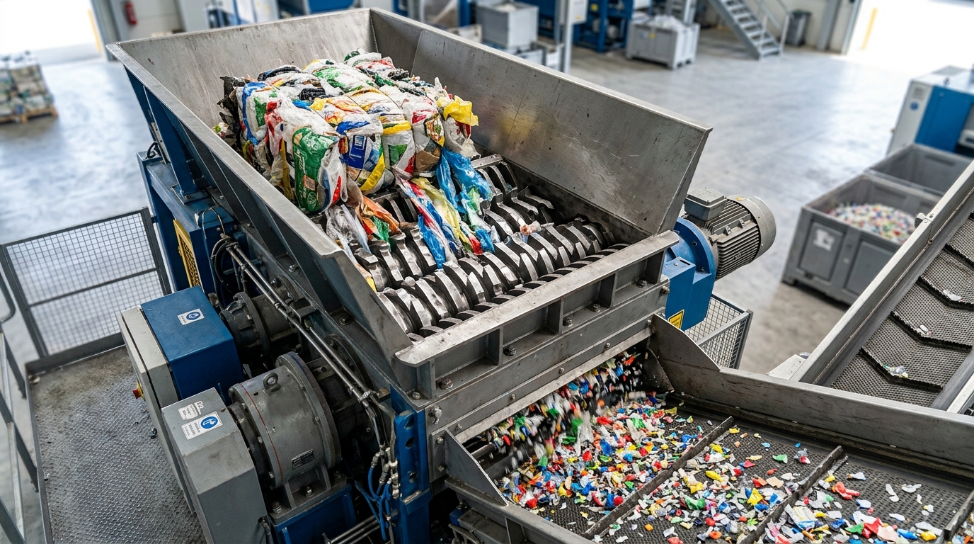 Dual-shaft plastic recycling machine shredder processing film bales into flakes