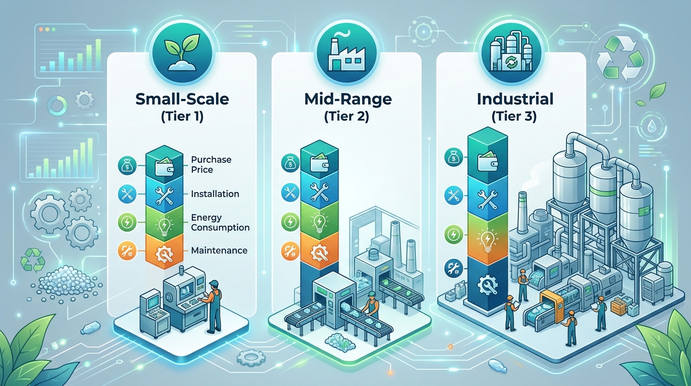 Plastic recycling machine cost breakdown by production scale showing purchase price, installation, energy, and maintenance
