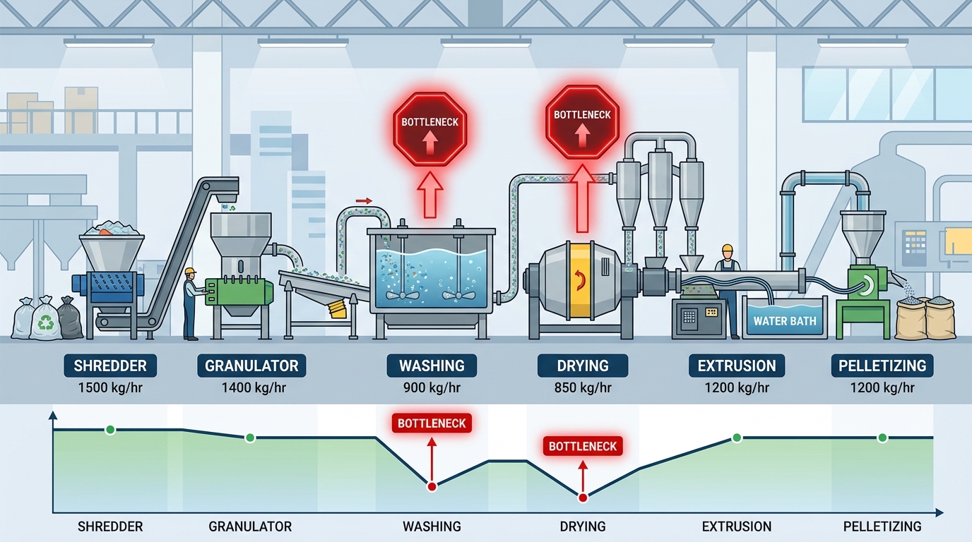 Plastic recycling machine throughput comparison showing realistic output capacity and bottleneck stages in a full recycling line