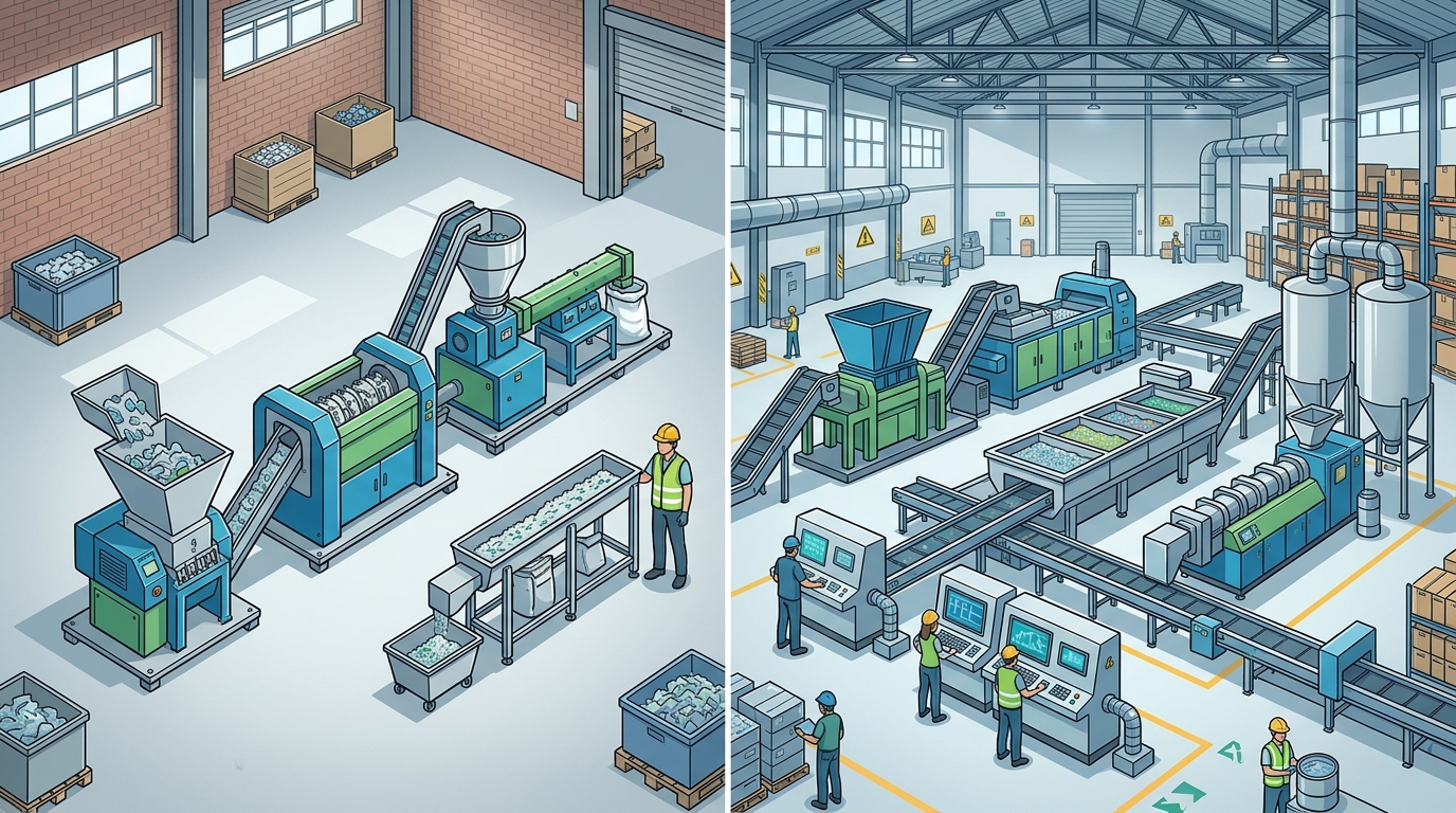 Small-scale vs industrial plastic recycling machine setup comparison showing floor space and equipment differences