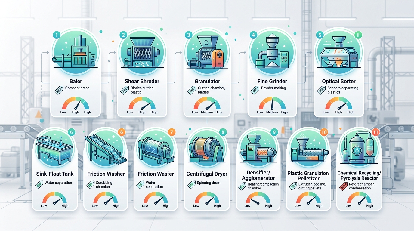 Comparison chart of 11 plastic recycling machine types with cost and output capacity