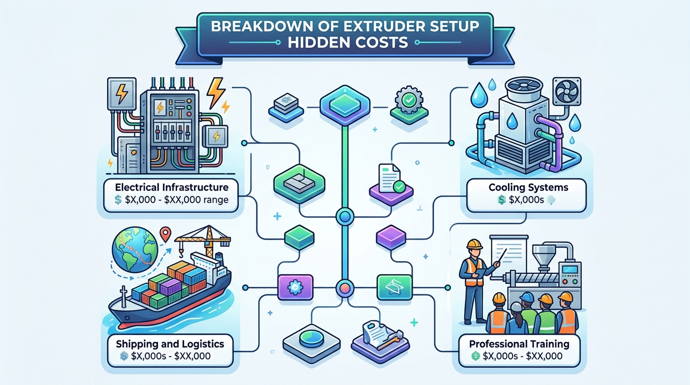 Hidden cost breakdown for plastic recycling machine purchase including freight, electrical, cooling, and training expenses