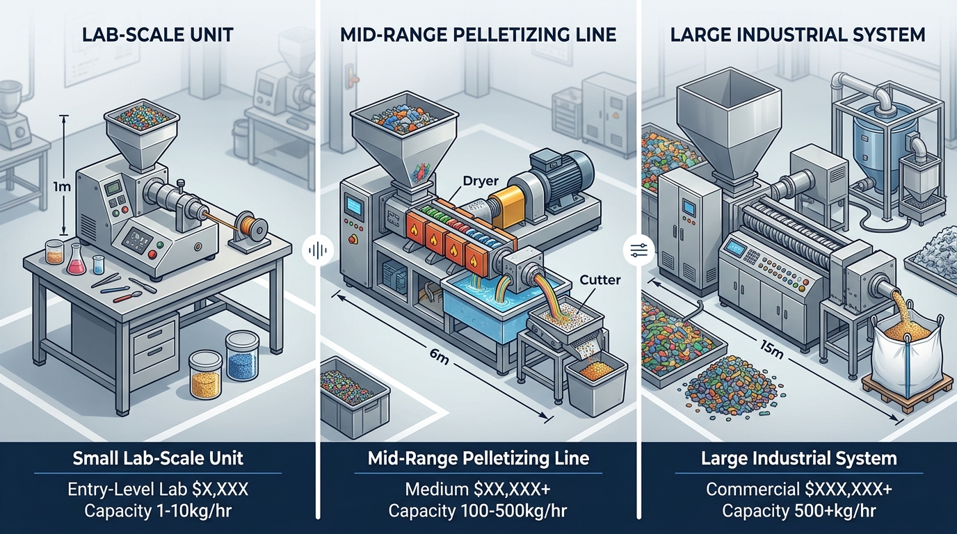 Plastic recycling extruder machine cost comparison across small, mid-range, and industrial scales