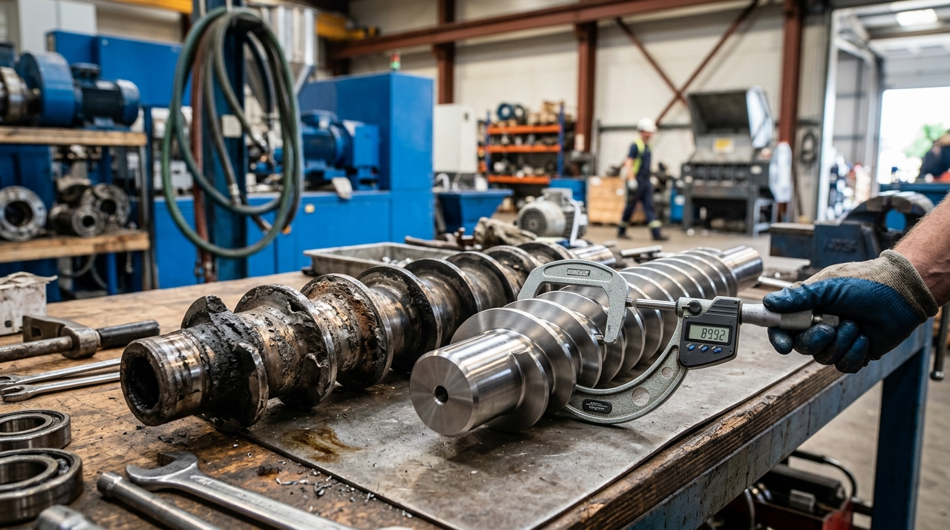 Worn vs new plastic recycling machine extruder screw comparison showing maintenance replacement cycle