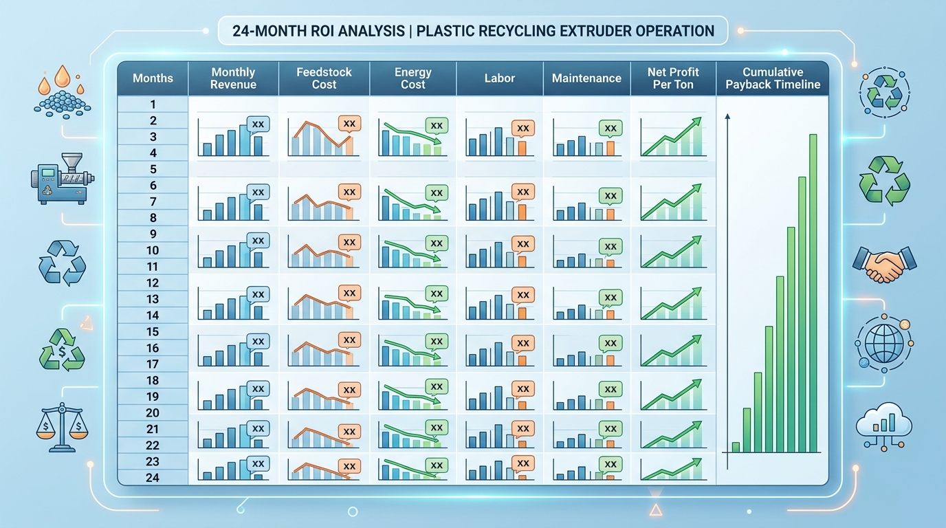 Plastic recycling machine ROI calculation spreadsheet showing payback timeline and operating margins per ton