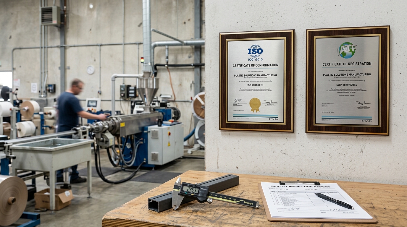 Quality certifications ISO 9001 and IATF 16949 displayed at a custom plastic extruder facility