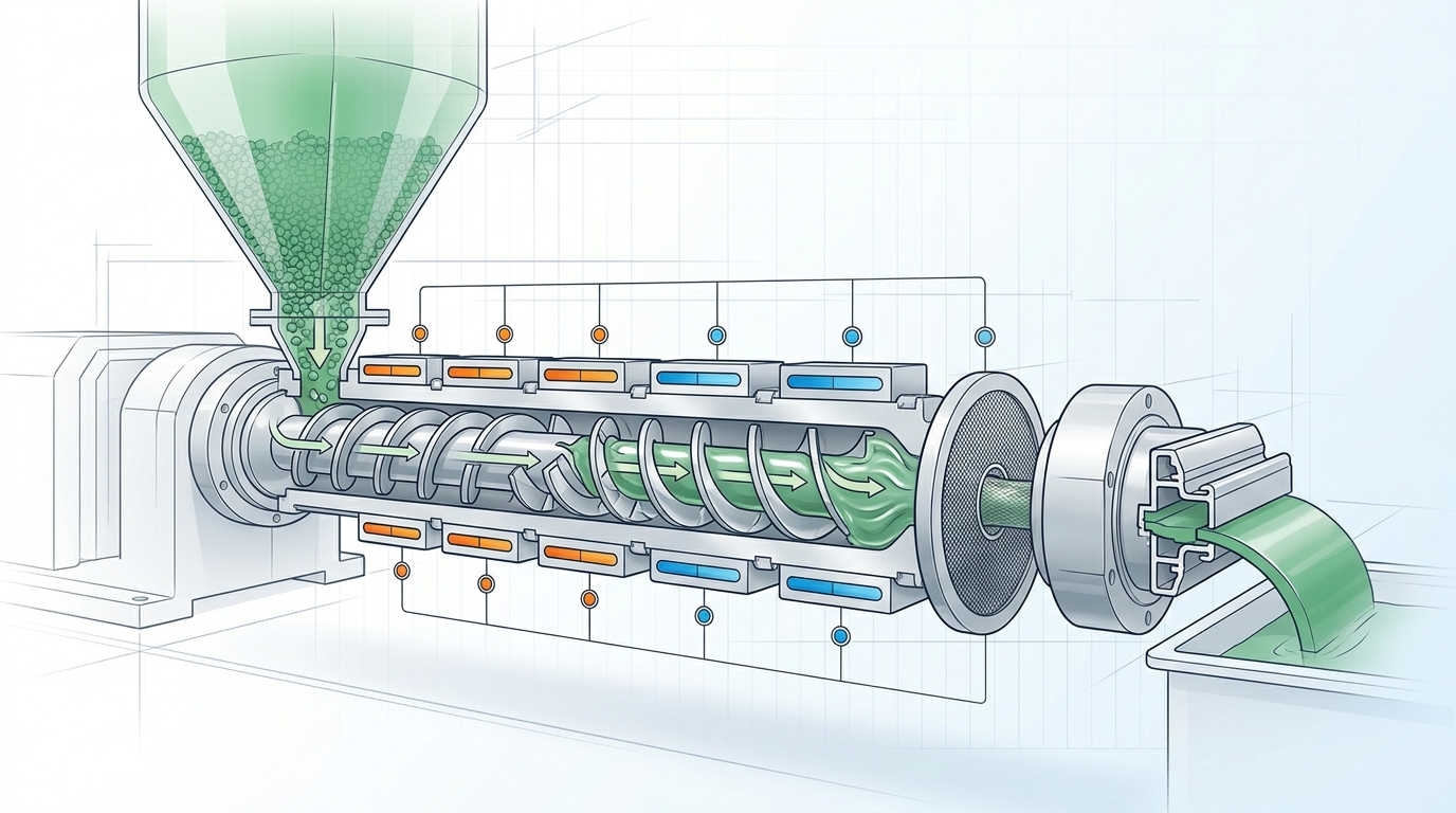 Custom plastic extruder cutaway diagram showing screw geometry, heating zones, and profile die