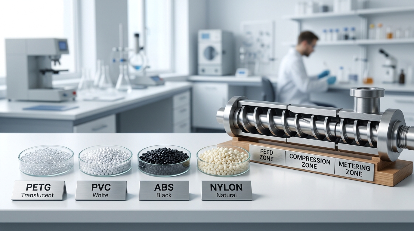 Thermoplastic resin pellets used in custom plastic extruder processing with screw design cross-section