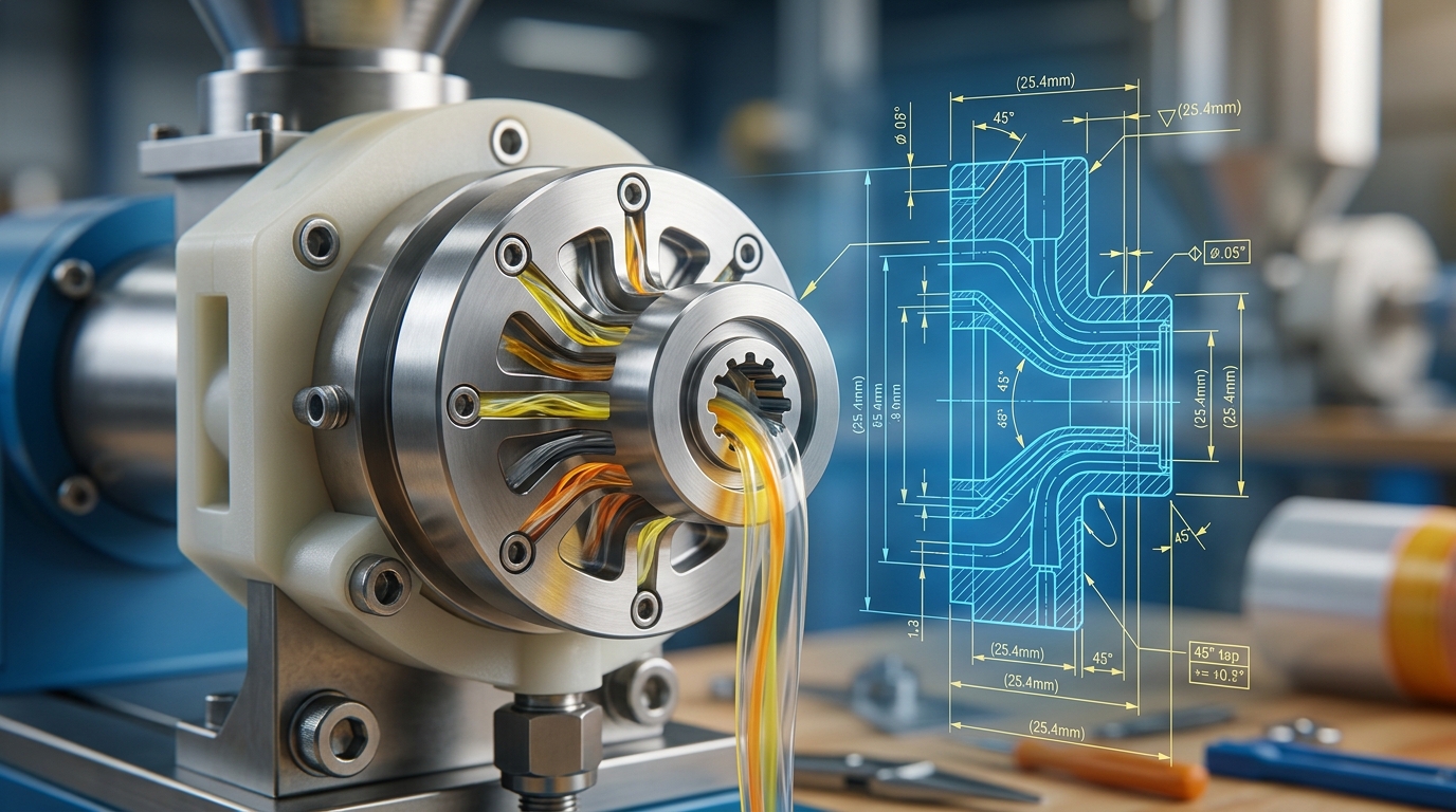 Custom plastic extruder die with precision-machined flow channels and CAD profile overlay