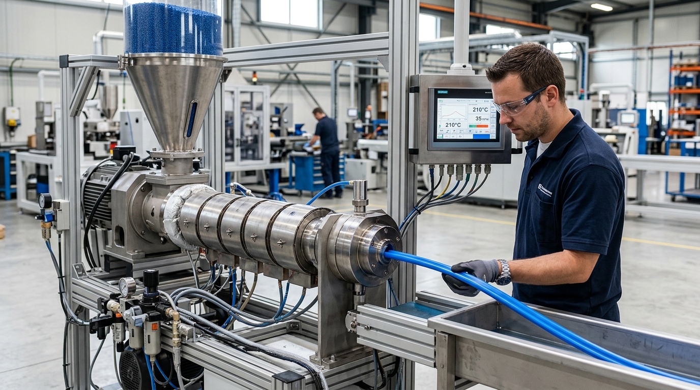 Custom plastic extruder machine with barrel, die head, and control panel on production floor