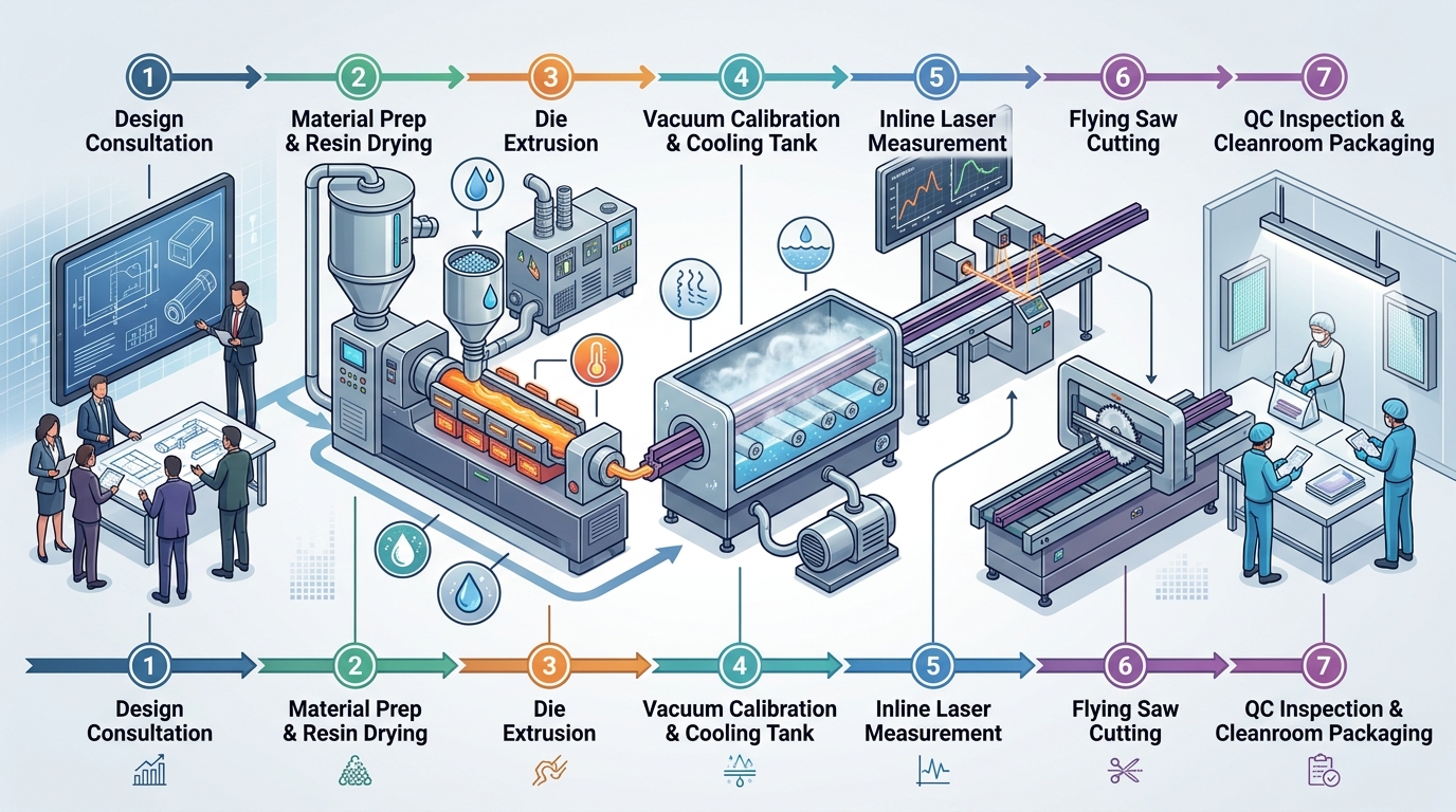 Custom plastic extruder manufacturing process flow diagram with quality checkpoints