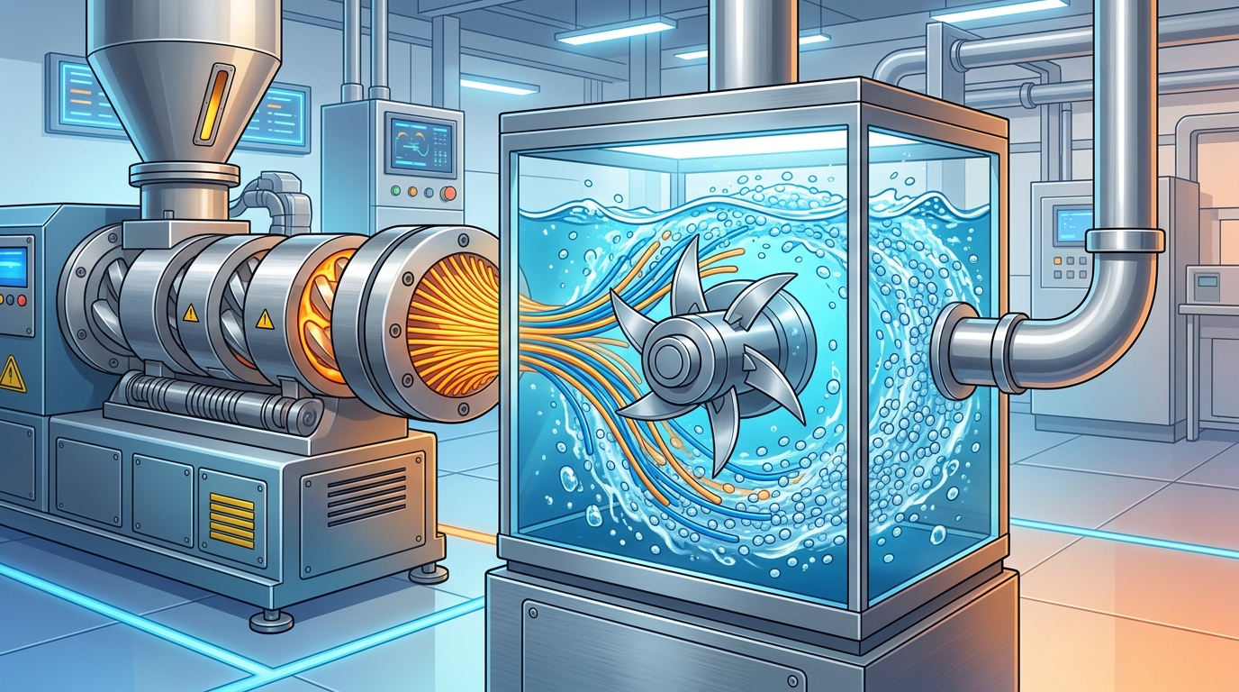 Close-up of an underwater pelletizer cutting recycled plastic pellets