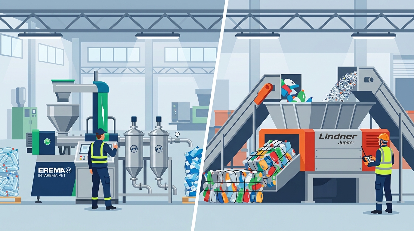 European plastic recycling machine manufacturers EREMA and Lindner equipment comparison