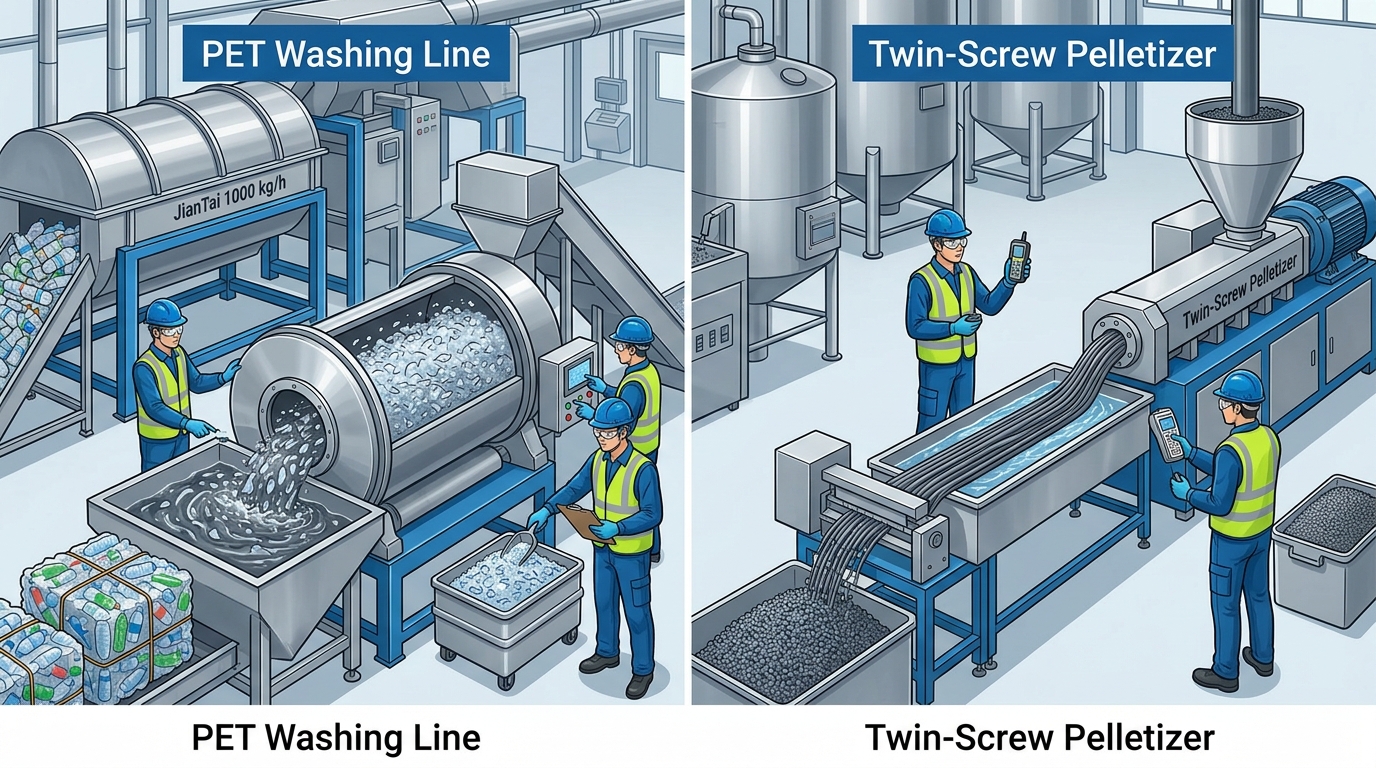 JianTai plastic recycling machine manufacturer 1000 kg/h PET washing and pelletizing line