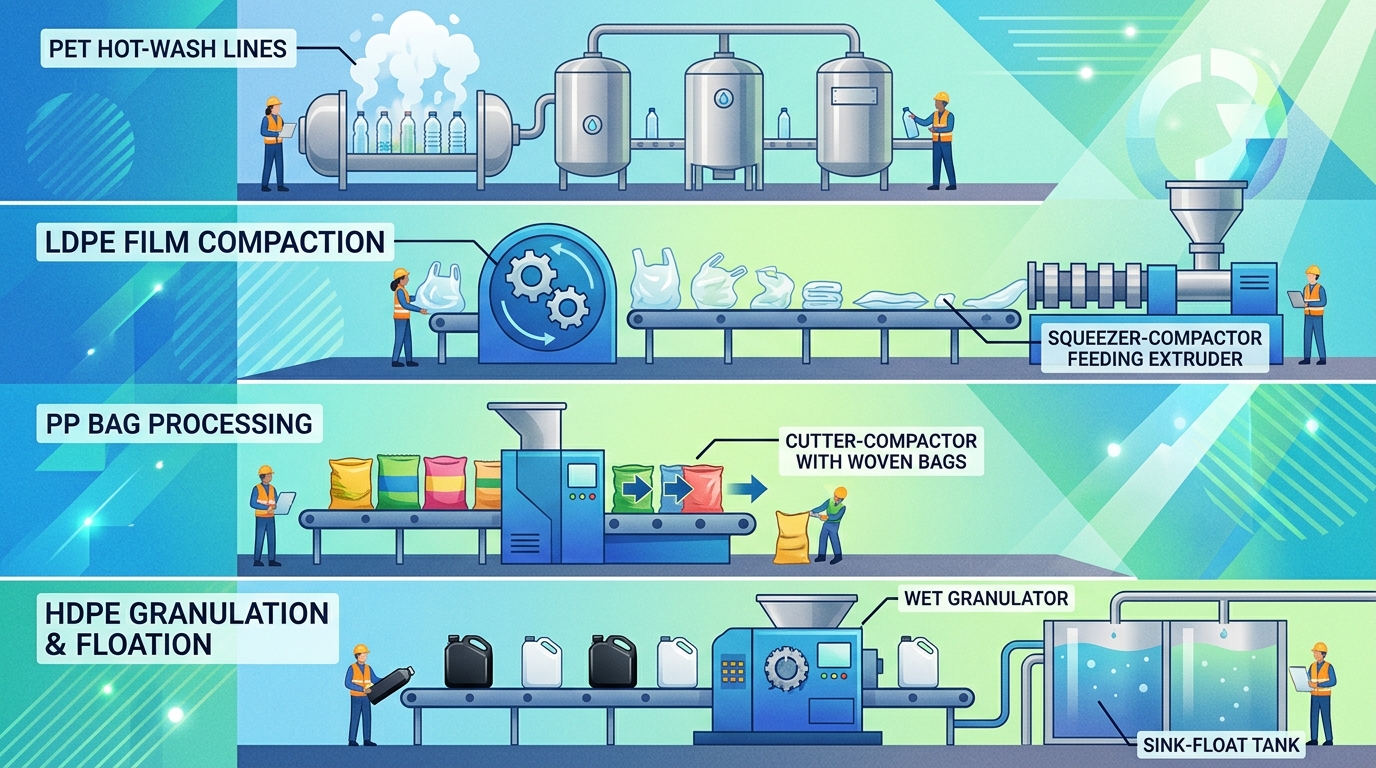 Plastic recycling machine manufacturer comparison by resin type PET PP HDPE film
