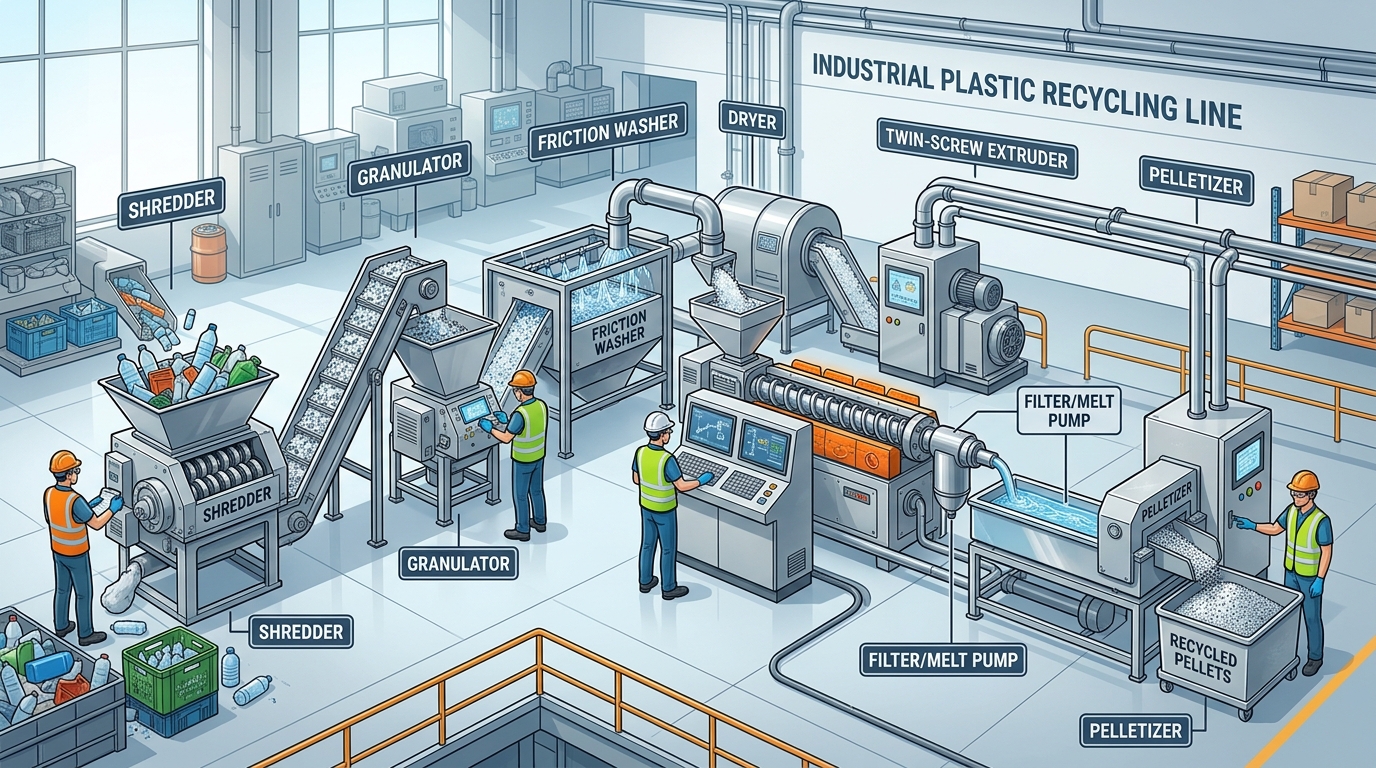 Plastic recycling machine line showing shredder granulator washer extruder and pelletizer stages