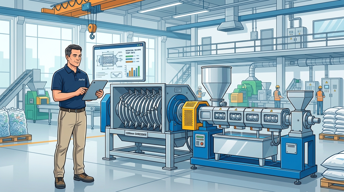 JianTai plastic recycling machine line sizing with shredder rotor and extruder screw specifications
