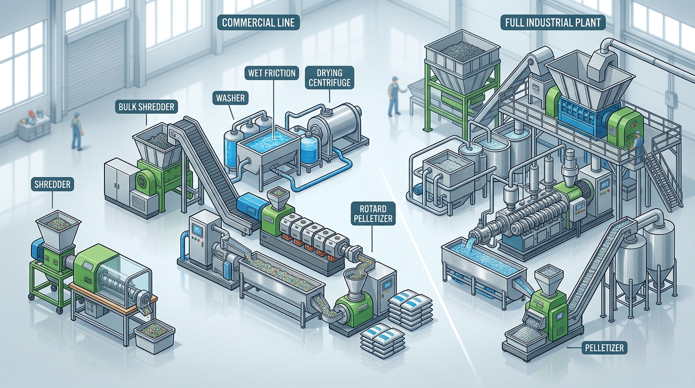 Plastic recycling machine throughput tiers comparison from 50 kg/h to 3000 kg/h industrial line