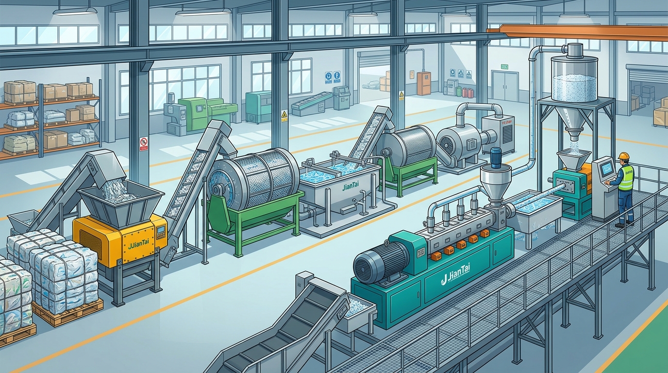 JianTai plastic recycling machine manufacturer turnkey line for PE film and mixed plastic waste