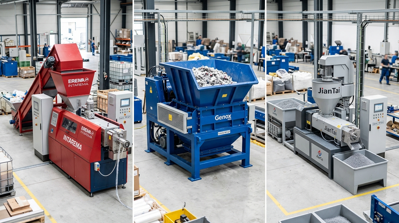 Plastic recycling machine manufacturer comparison: EREMA, Genox, and JianTai equipment side by side