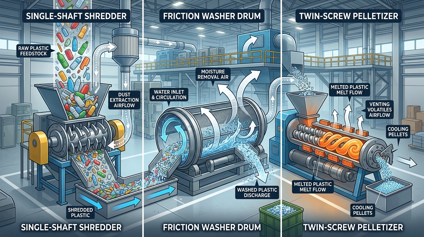 Plastic recycling machine manufacturer equipment categories — shredder, washer, pelletizer comparison