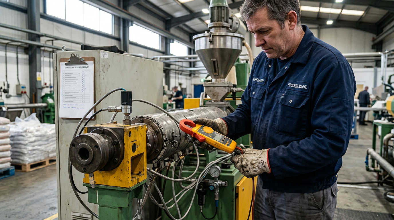 plastic extruder machine maintenance checklist pre-startup heater band clamp meter inspection