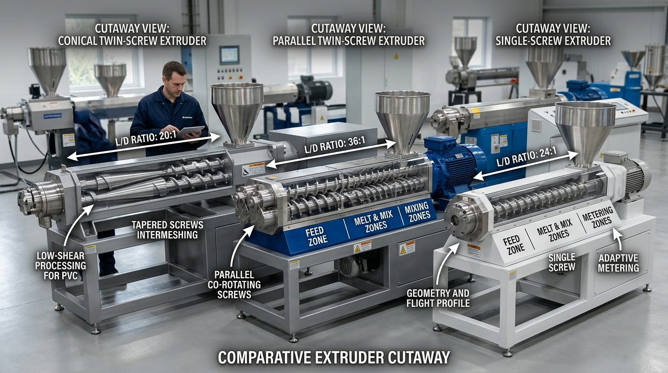 PVC plastic extruder machine screw type comparison conical twin parallel twin single screw
