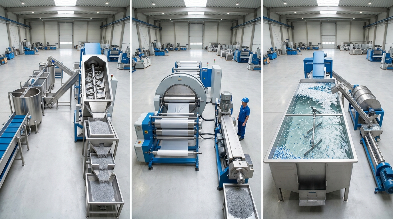 Plastic recycling machine manufacturer line configurations for PET, LDPE film, and PP/PE rigid resin types
