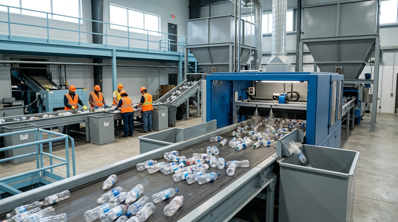 PET plastic recycling sorting line with NIR optical sorter ejecting bottles inside an MRF