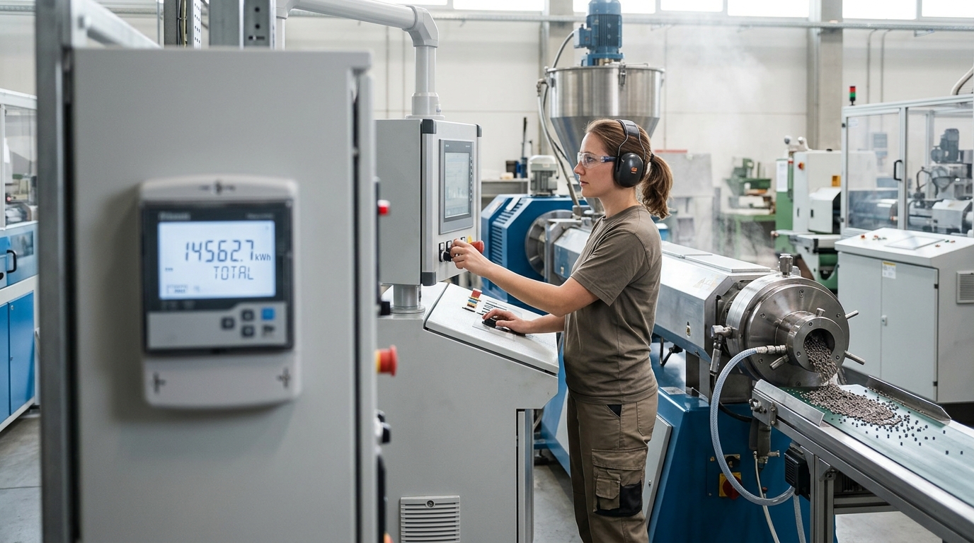plastic extruder machine power consumption kWh measurement on factory floor