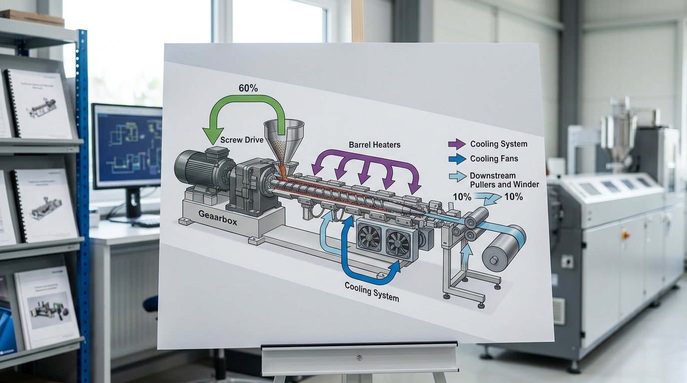 plastic extruder machine power consumption kWh breakdown by motor heaters cooling downstream
