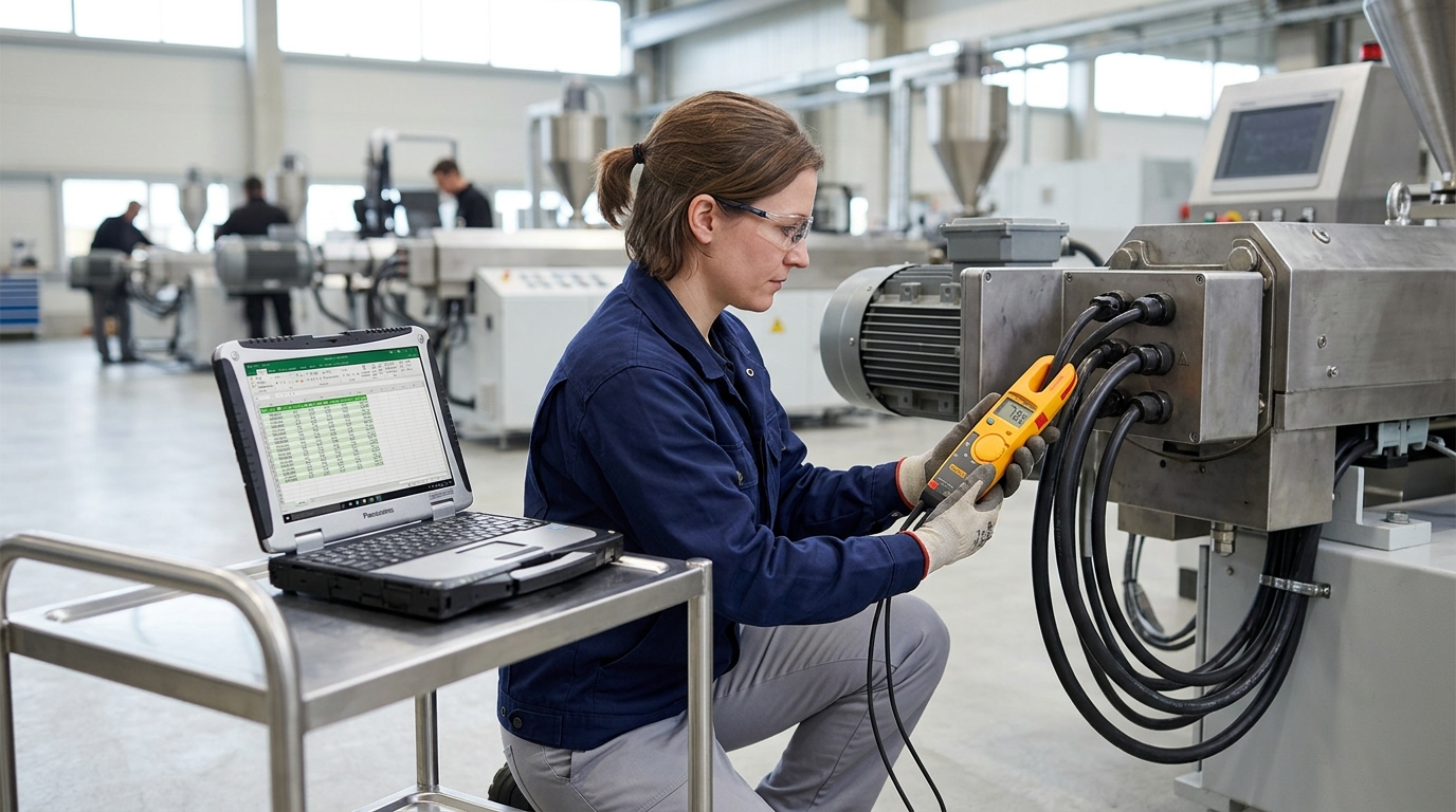 measuring plastic extruder machine power consumption kWh with clamp meter for SEC calculation