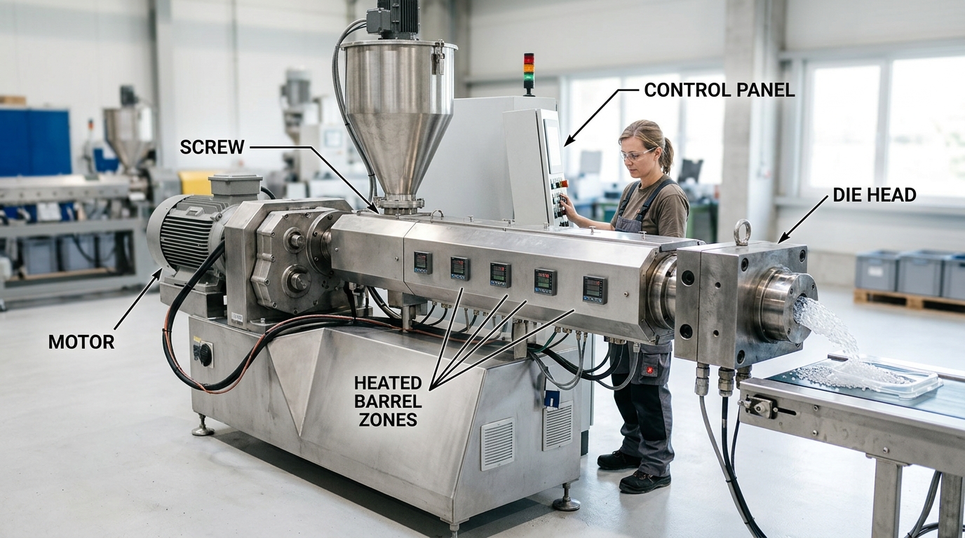 plastic extruder machine key specs L/D ratio screw design motor power