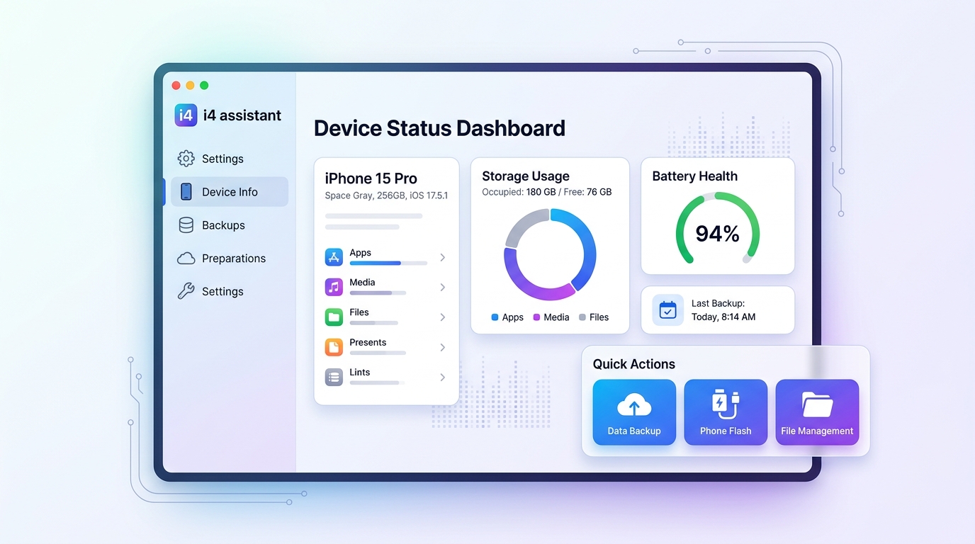 爱思助手主界面显示设备信息、电池健康度及备份刷机等核心功能入口