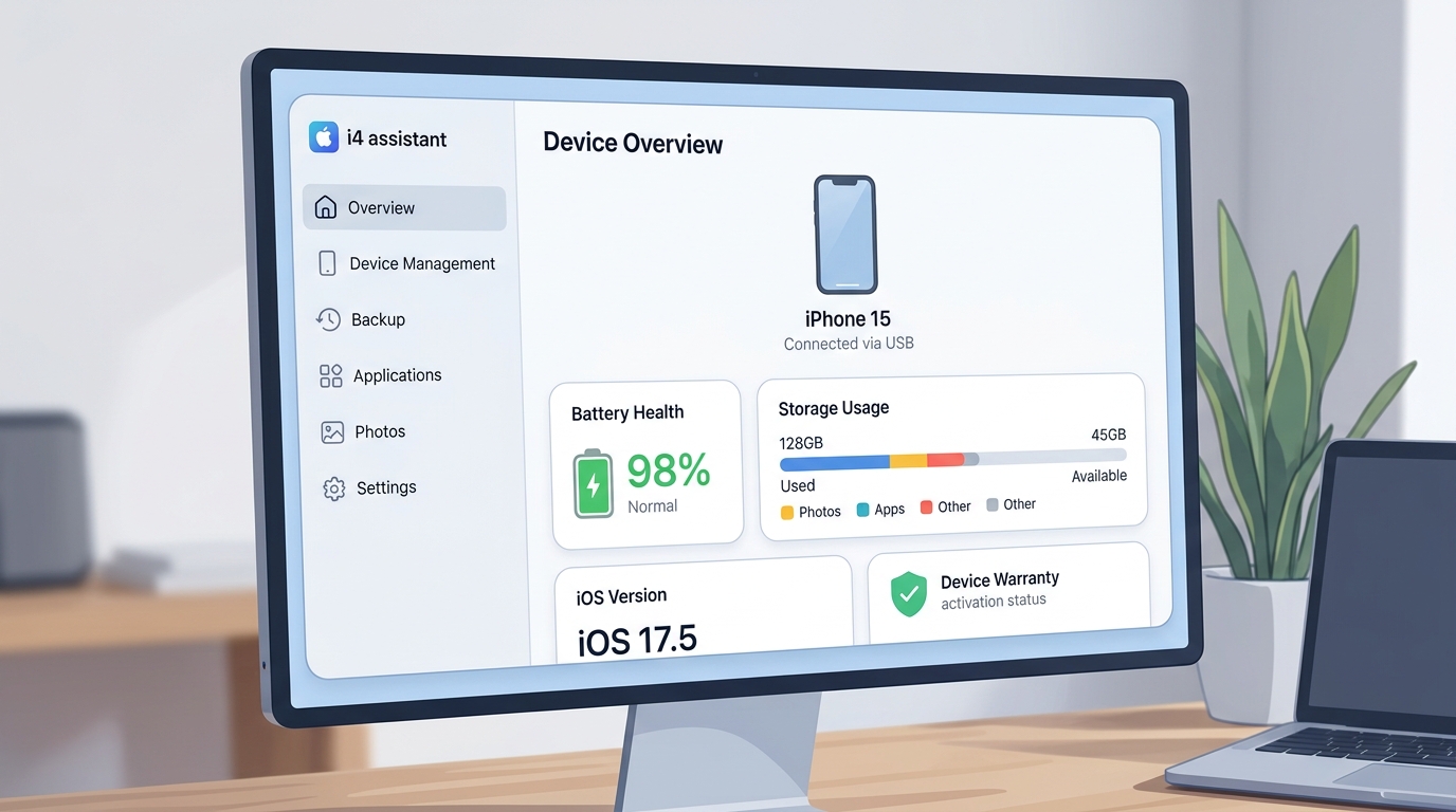爱思助手首次连接iPhone后的主界面设备概览截图