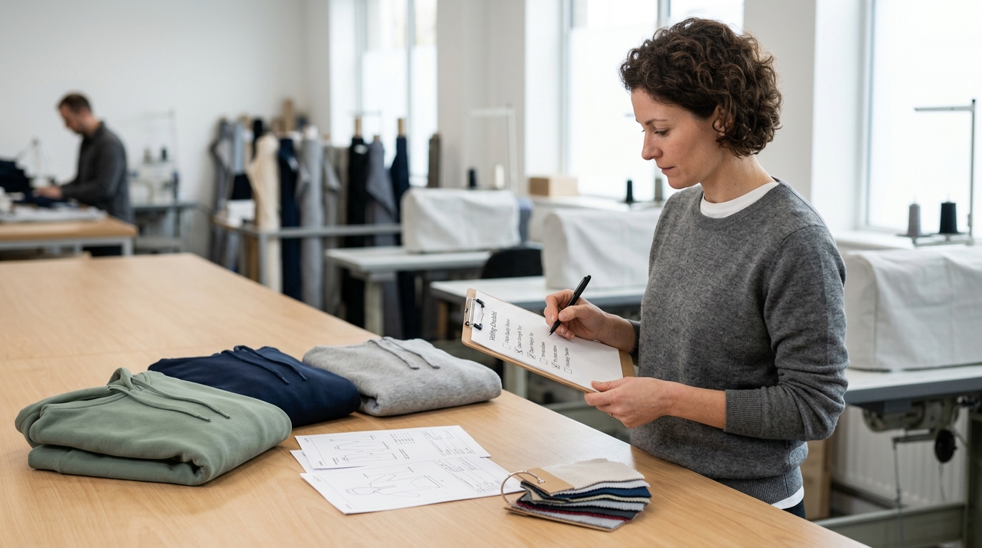 Vetting checklist for streetwear clothing manufacturers with fabric swatches and hoodie samples