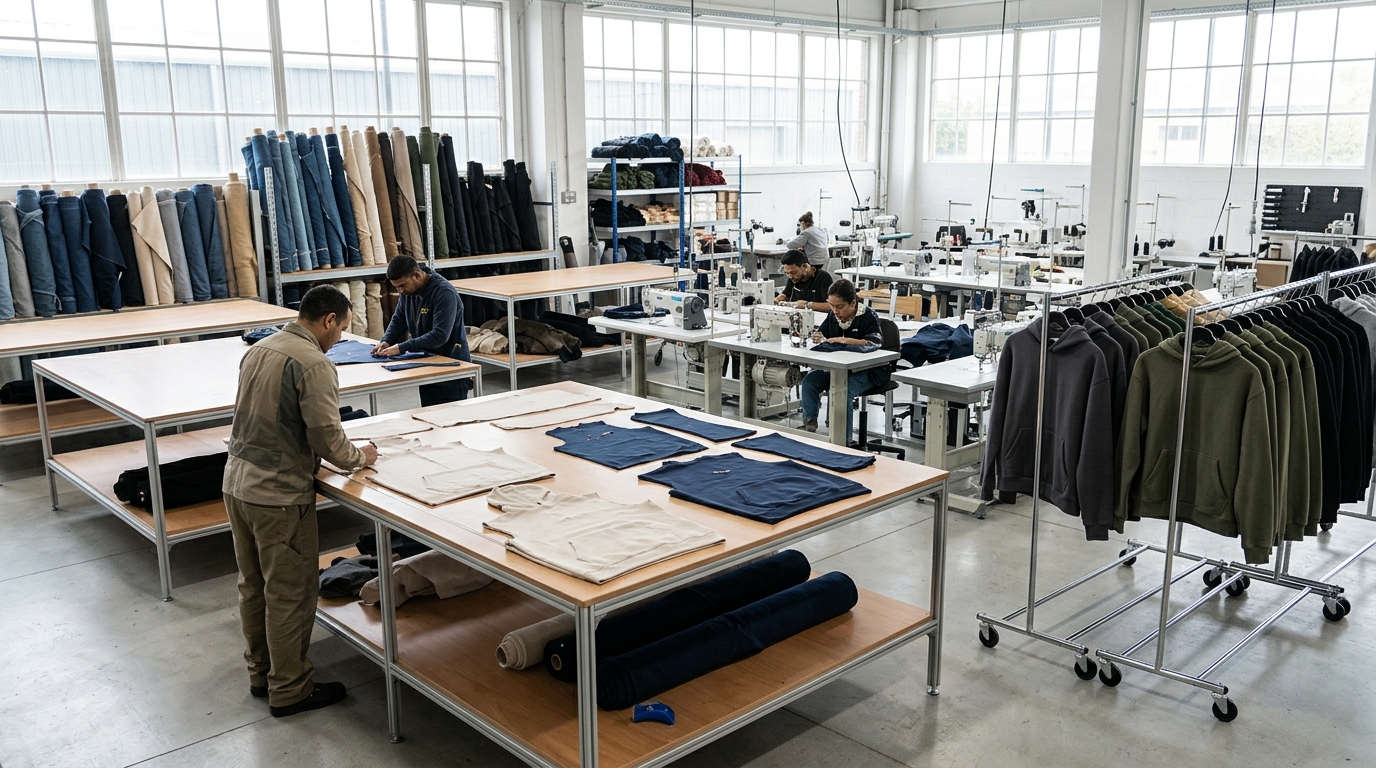 streetwear clothing manufacturers facility showing cut-and-sew production line