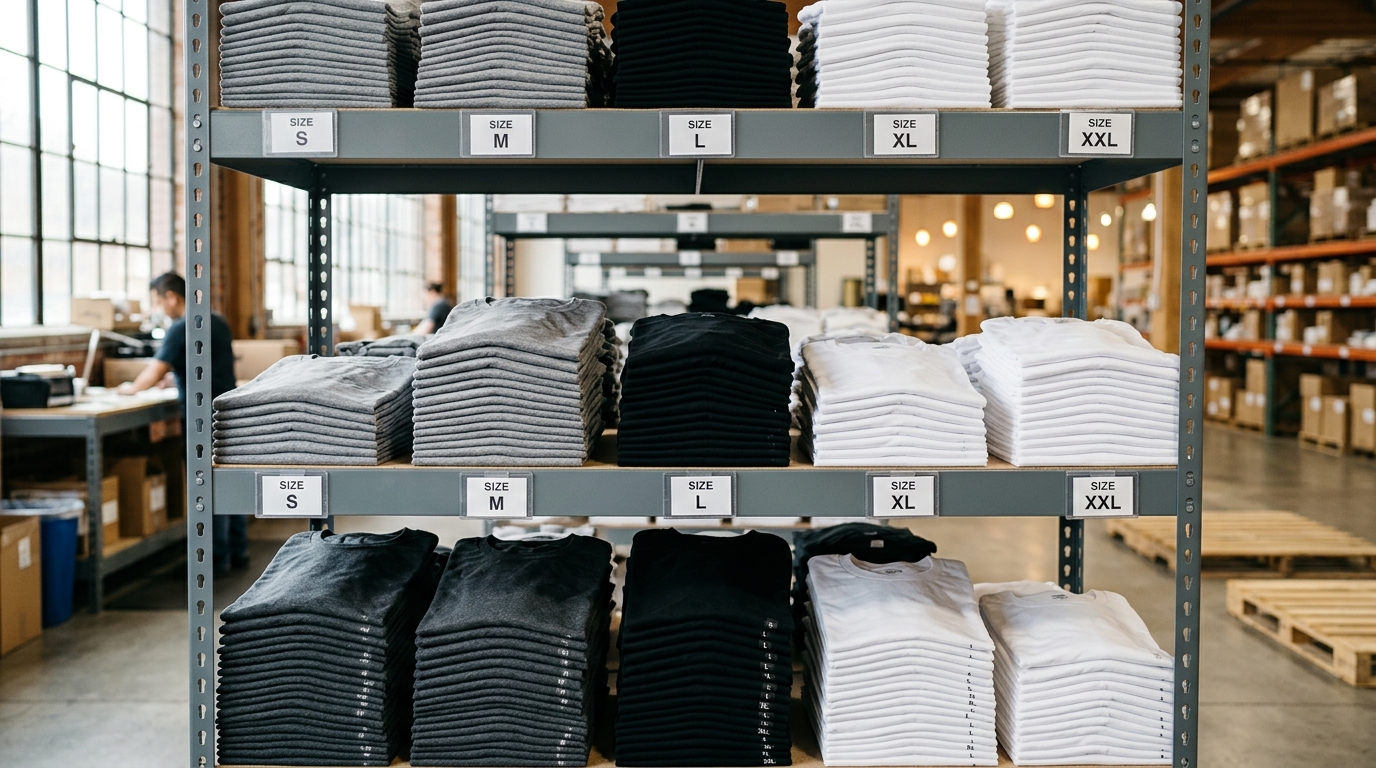 bulk t-shirt orders stacked by size and color in wholesale warehouse