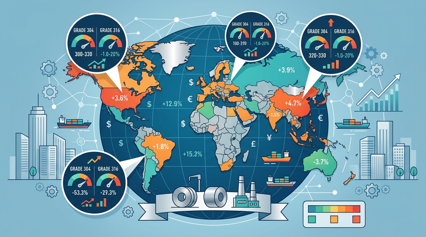 Regional stainless steel pricing map for 304 and 316 grades in 2026