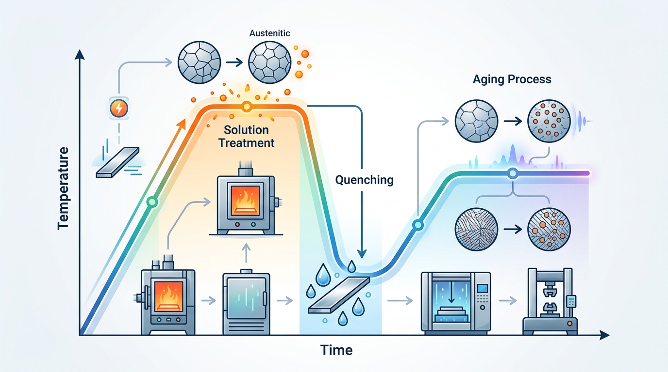 Heat treatment process diagram for 17-4 PH precipitation hardening stainless steel showing solution annealing and aging steps