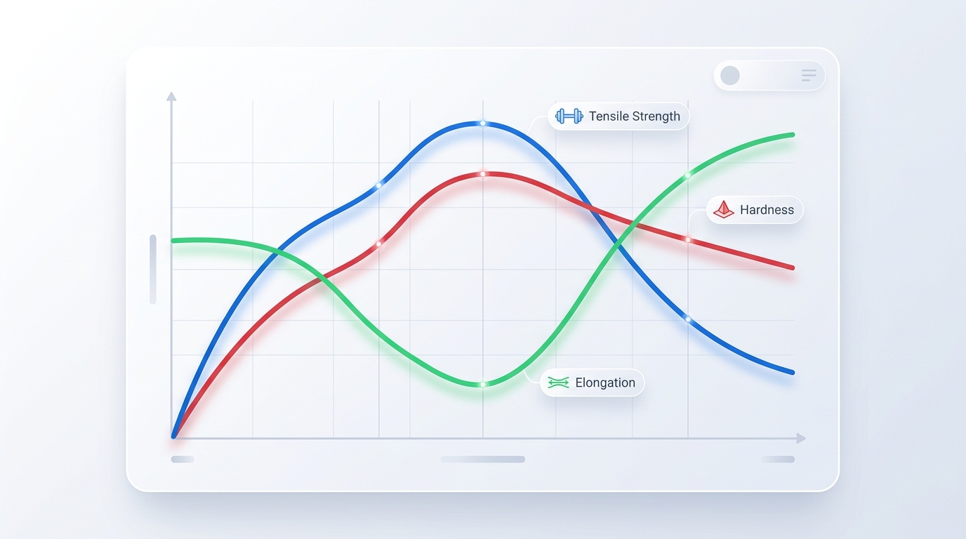 Aging temperature versus mechanical properties graph for 17-4 PH stainless steel showing strength ductility tradeoff