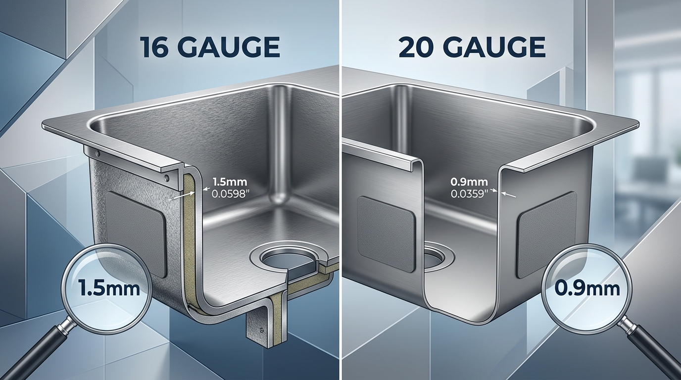 cross-section comparison of 16 gauge and 20 gauge stainless steel sink thickness